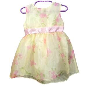 Little Lindsey Yellow & Pink Floral Dress‎ W/ Pink Satin Bow 24 Months